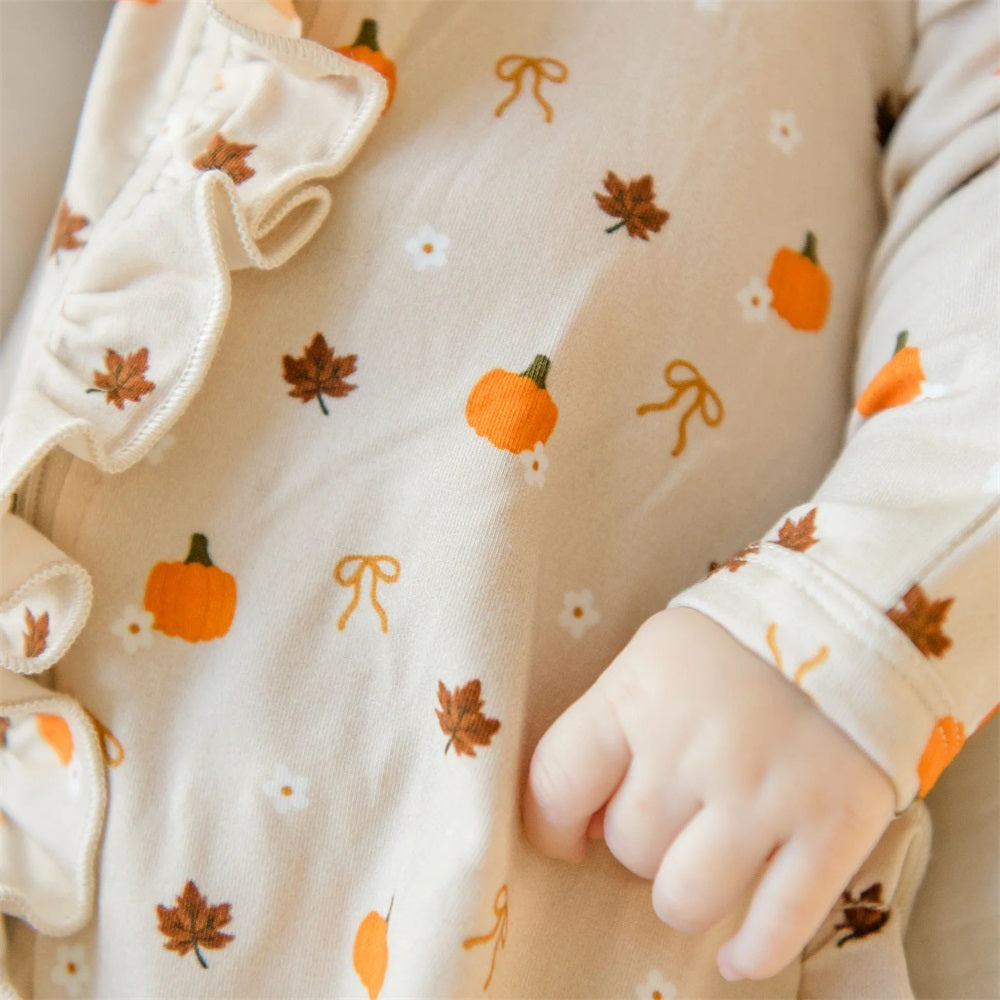 2PCS Fall-inspired Print Ruffle Long Sleeve Baby Jumpsuit