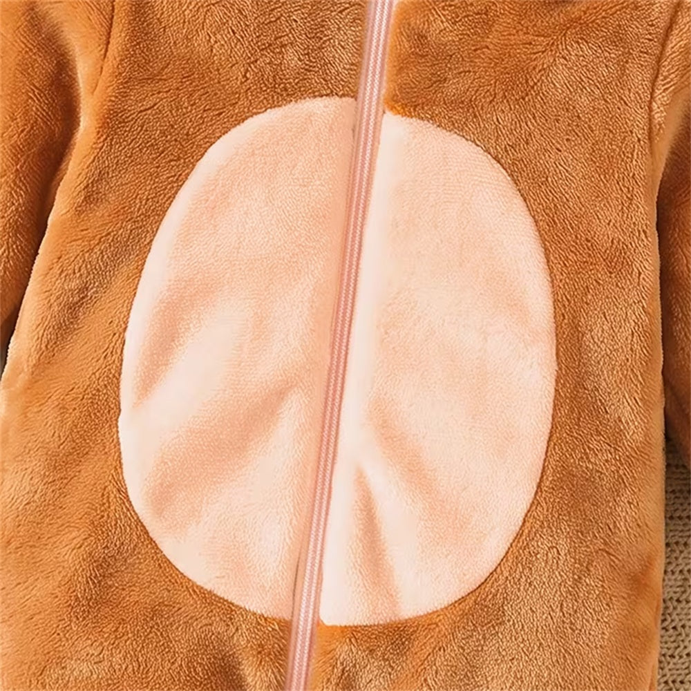 Fuzzy 3D Monkey Printed Zipper Long Sleeve Baby Hoodie Jumpsuit