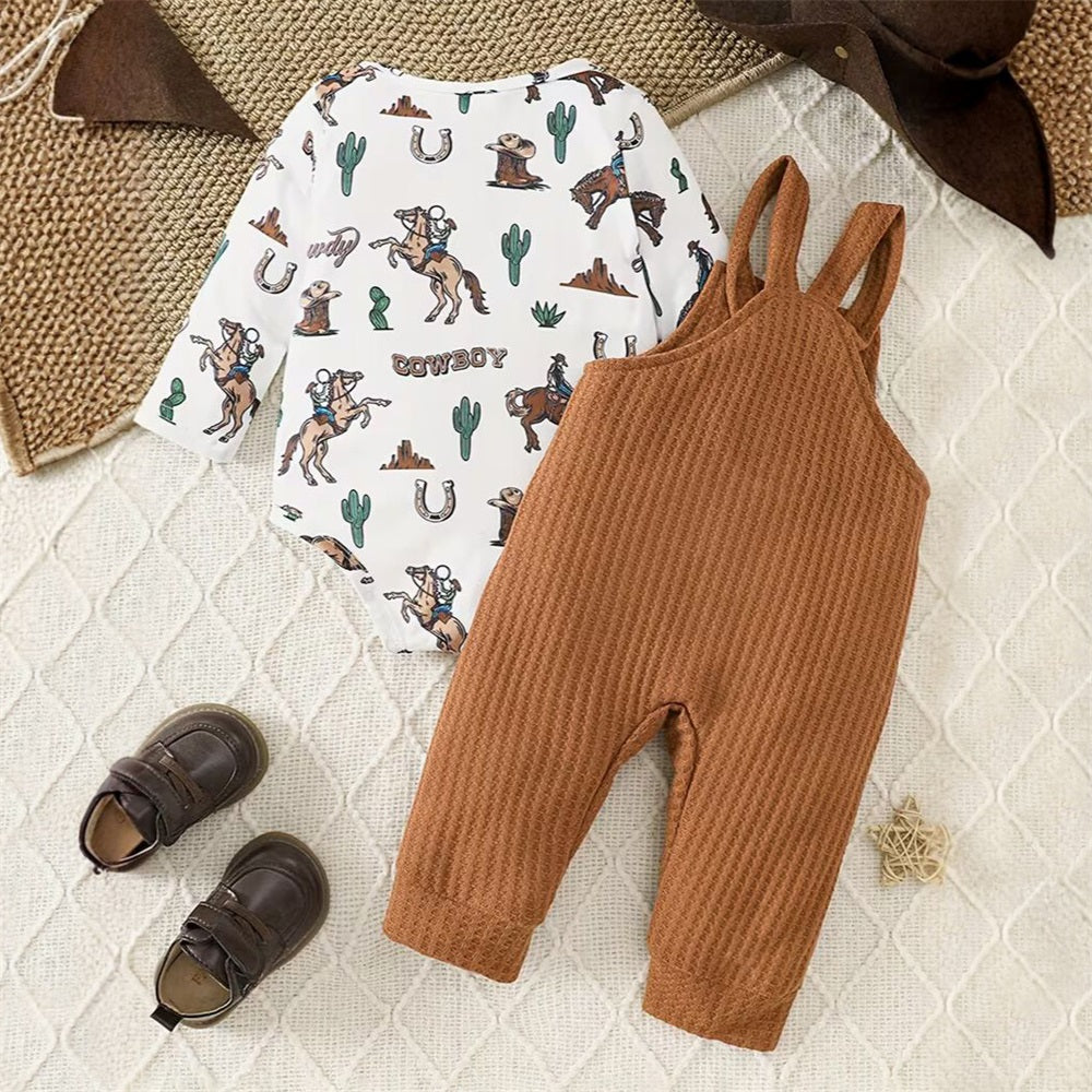 2PCS Cowboy Letter Print Long Sleeve Baby Overalls Set