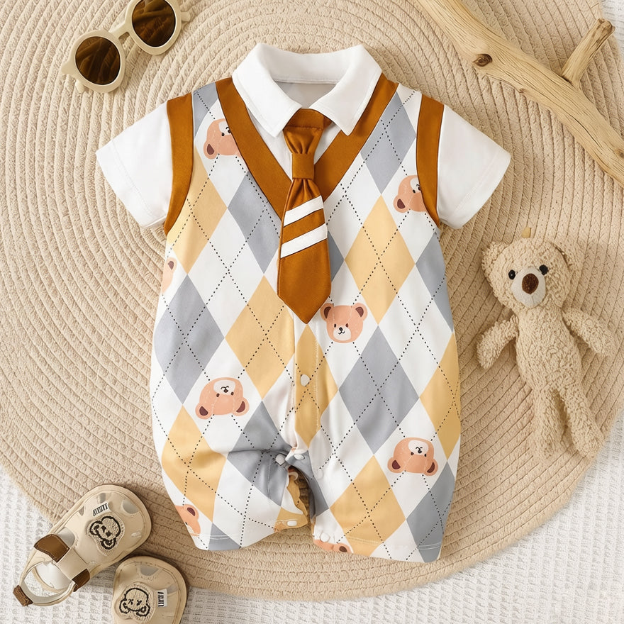 Bear Argyle Printed Short Sleeve Baby Jumpsuit