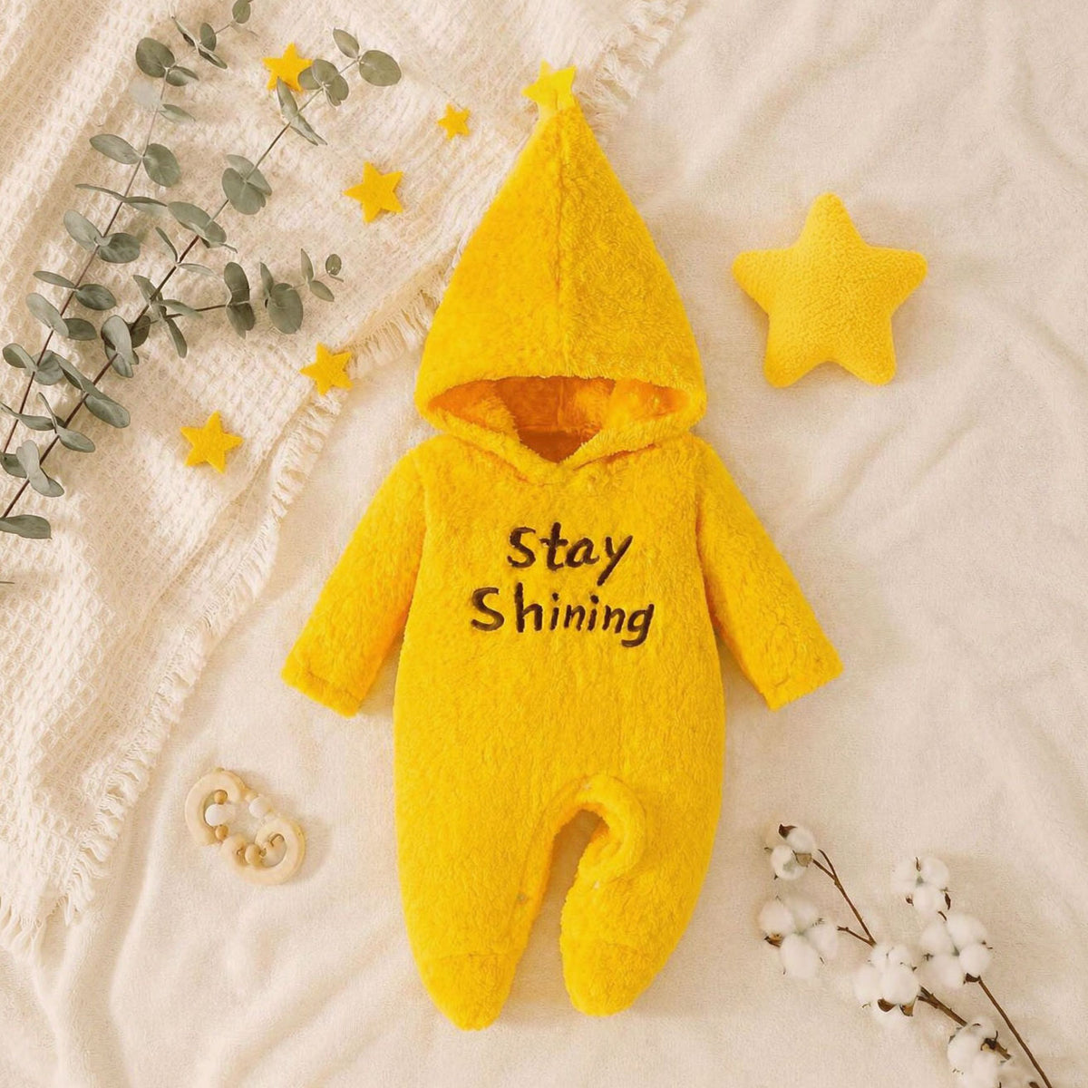 Fuzzy Stay Shining Letter Embroidery Star Decor Hoodie Baby Jumpsuit