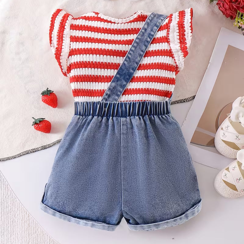 2PCS Lovely Strawberry Appliqued Striped Flutter Sleeve Baby Overalls Set
