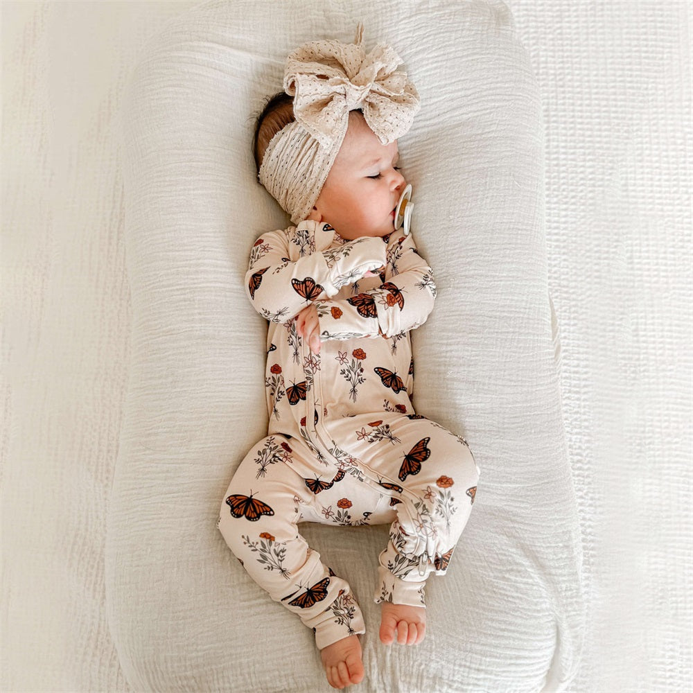 Casual Butterfly Print Long Sleeve Zipper Baby Jumpsuit