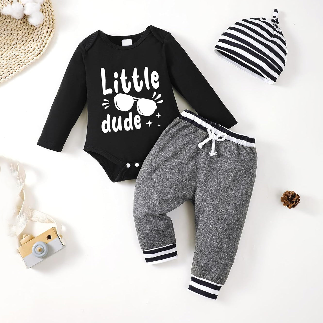 3PCS Little Dude Letter Printed Long Sleeve Baby Set