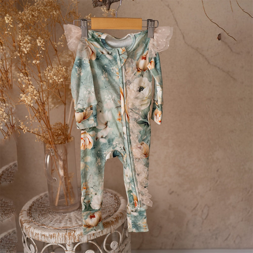 2PCS Floral Print Lace Trim Long Sleeve Baby Jumpsuit