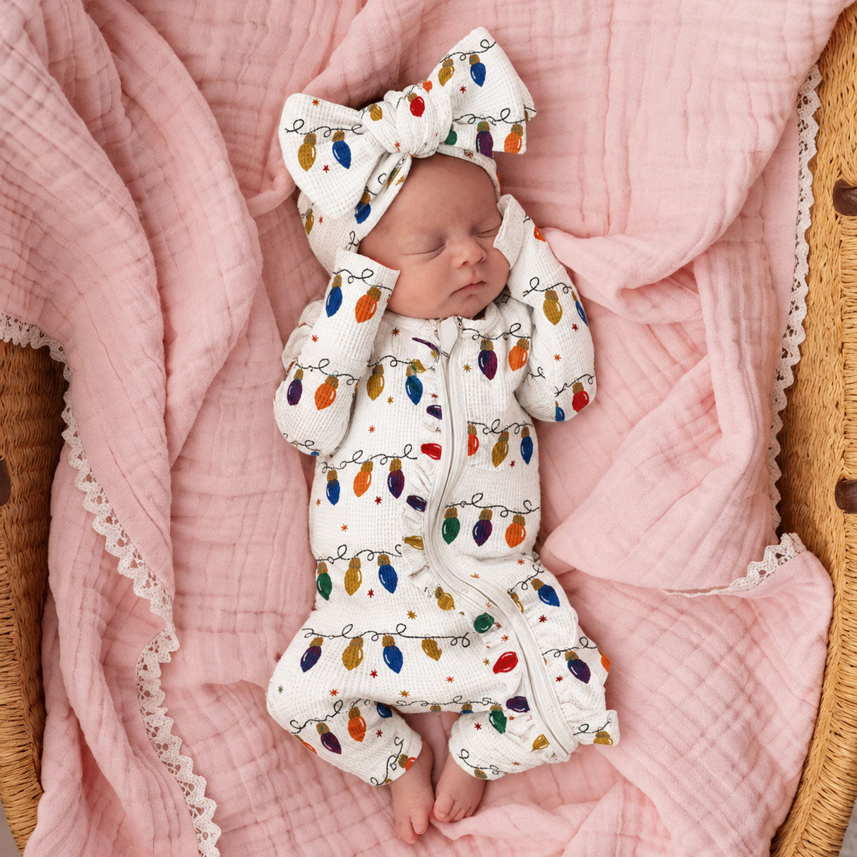 2PCS Christmas Light Bulb Print Zipper Long Sleeve Baby Jumpsuit
