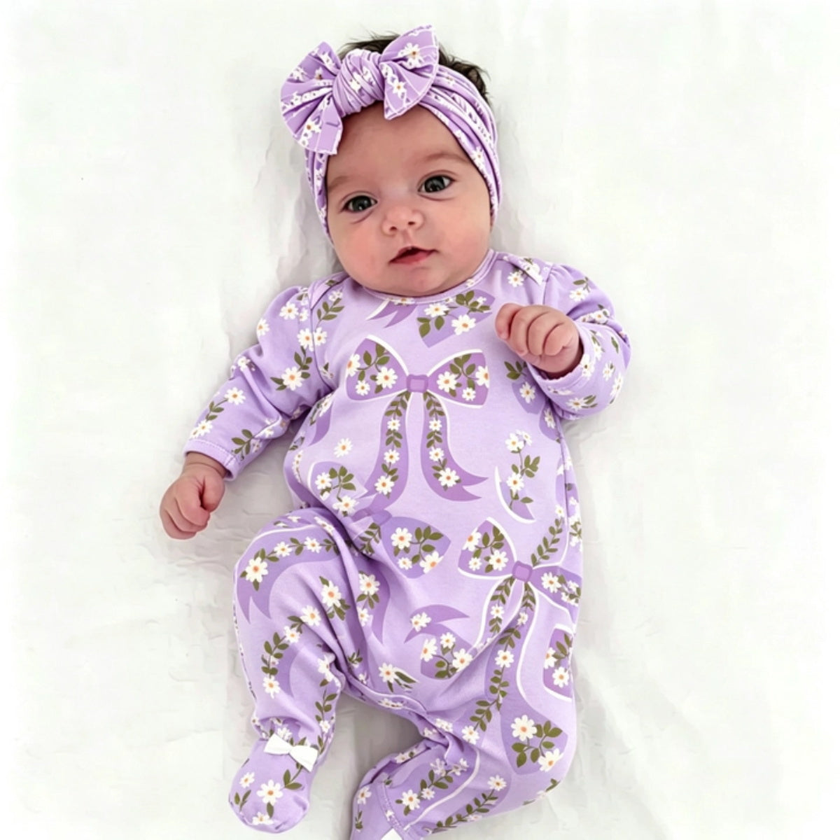 2PCS Elegant Bow Daisy Printed Long Sleeve Baby Jumpsuit