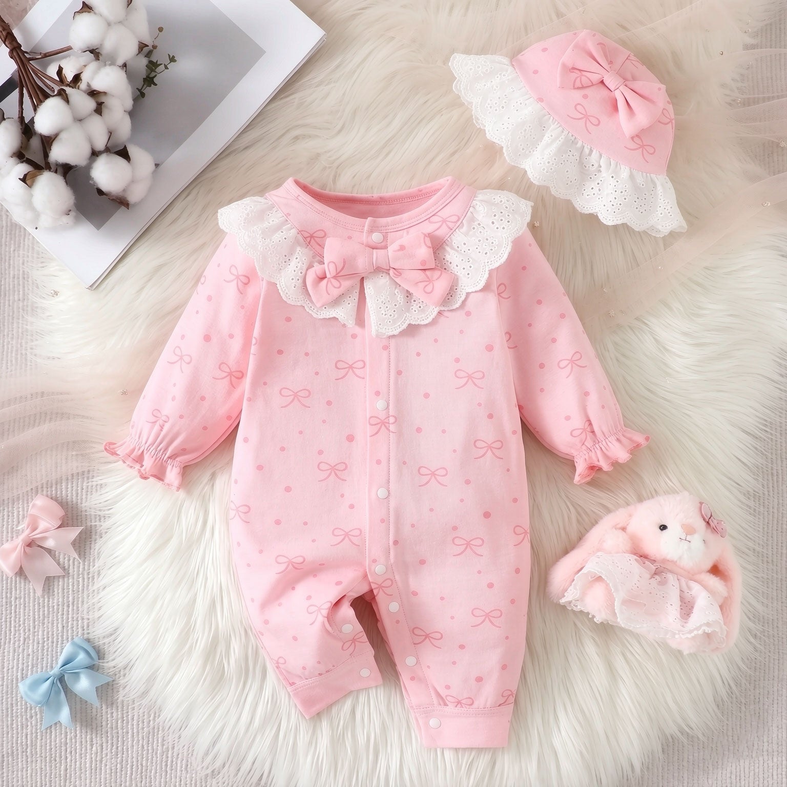 2PCS Grace Bow Print Long Sleeve Baby Girl Jumpsuit
