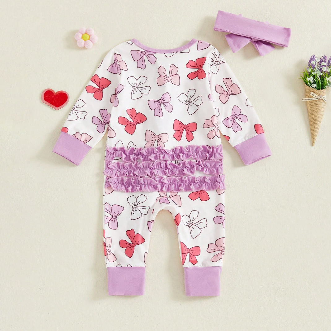 2PCS Elegant Bow Printed Zipper Baby Girl Jumpsuit