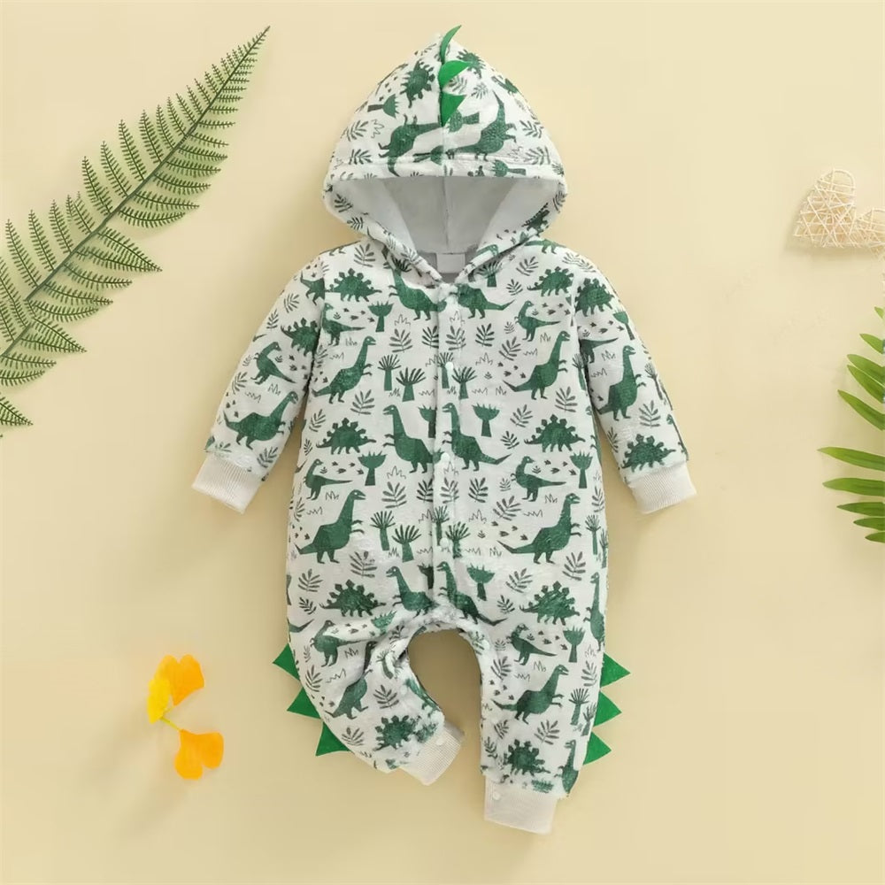 Cozy Dinosaur Printed Long Sleeve Baby Hooded Jumpsuit