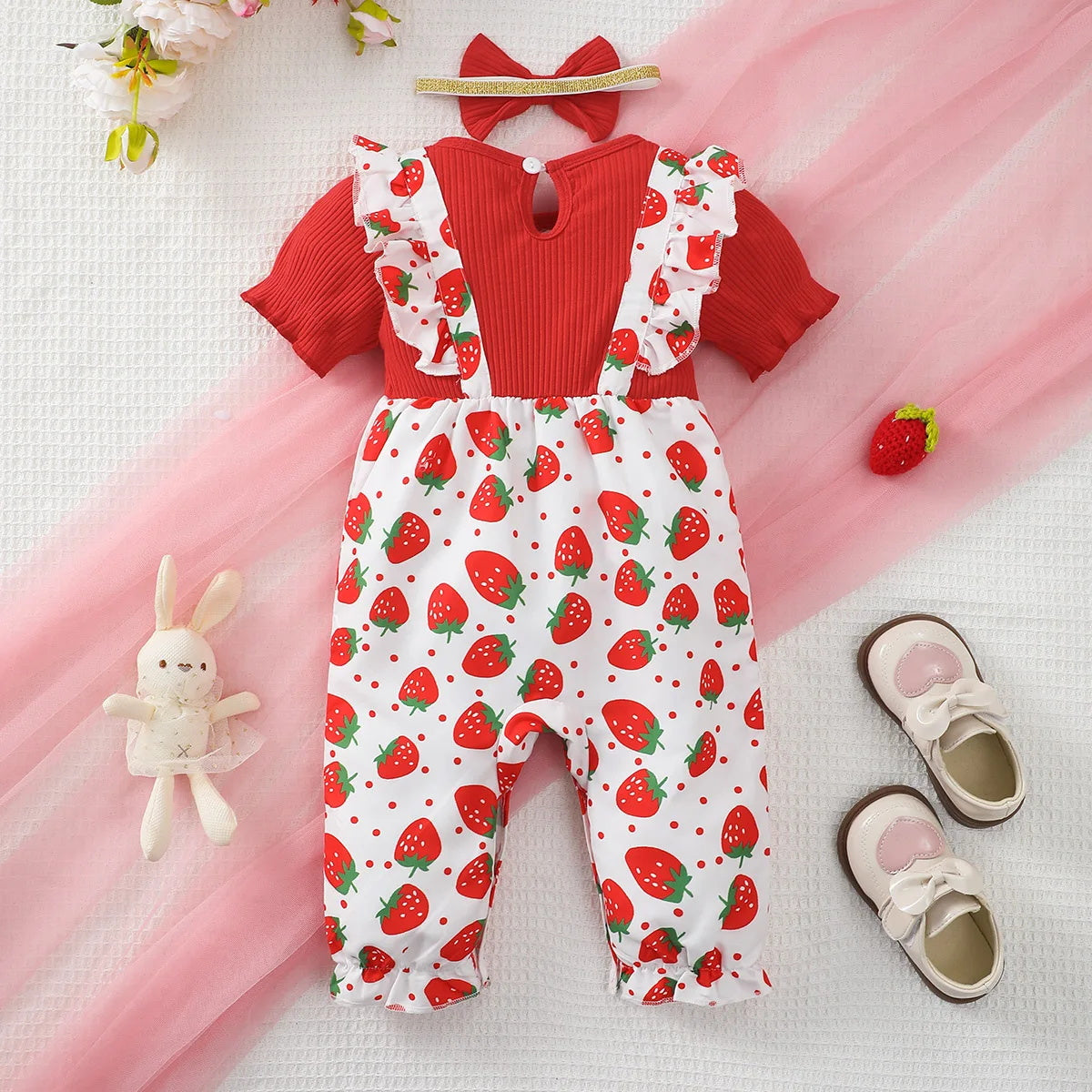 2PCS Sweet Strawberry Print Short Sleeve Baby Jumpsuit