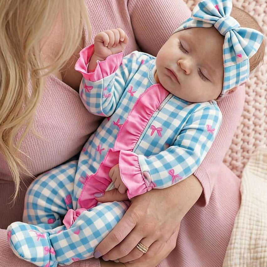 2PCS Pretty Plaid Bow Print Long Sleeve Zipper Baby Jumpsuit