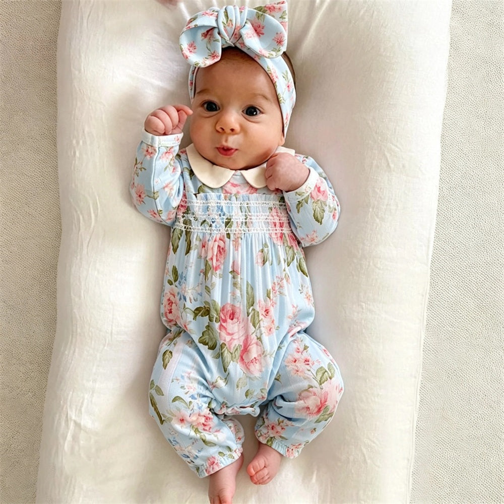 2PCS Graceful Floral Printed Long Sleeve Girl Baby Jumpsuit