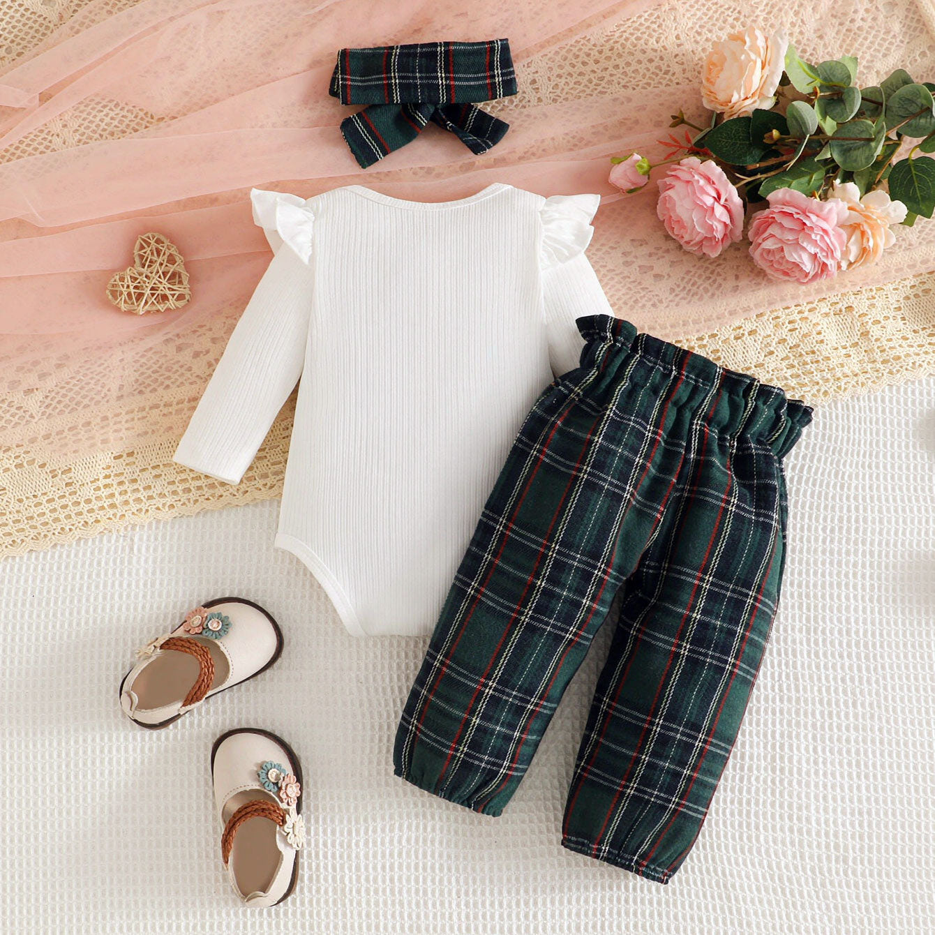 3PCS Pretty Plaid Printed Long Sleeve Baby Girl Set