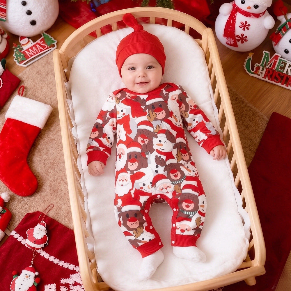 2PCS Cute Santa Snowman Print Long Sleeve Baby Christmas Jumpsuit