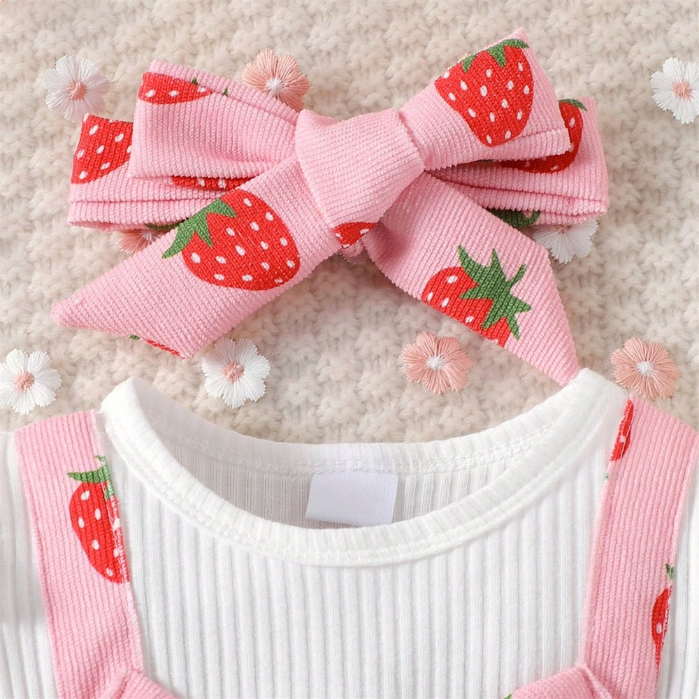 2PCS Sweet Strawberry Print Long Sleeve Baby Jumpsuit