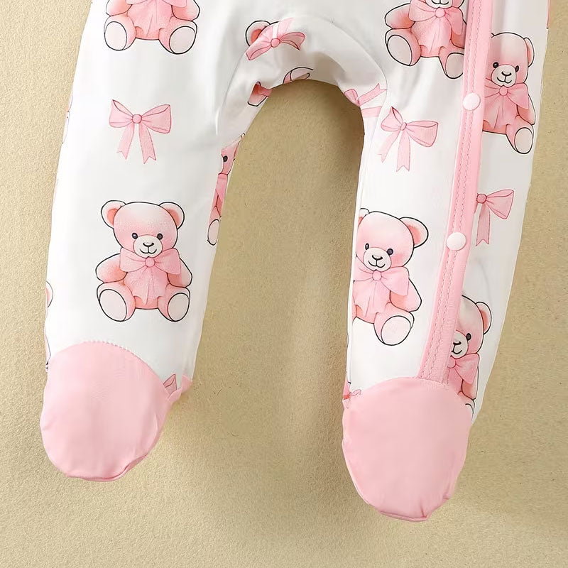 Sweet Bear Bowknot Print Ruffle Long Sleeve Baby Jumpsuit