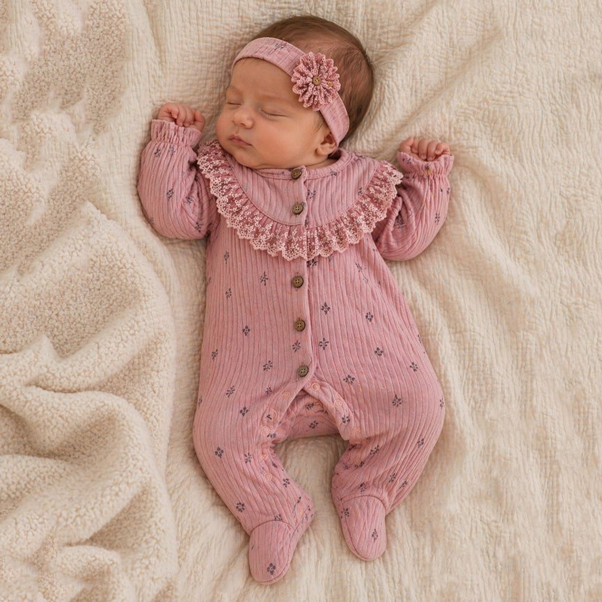 2PCS Graceful Floral Print Ruffled Lace Long Sleeve Baby Jumpsuit