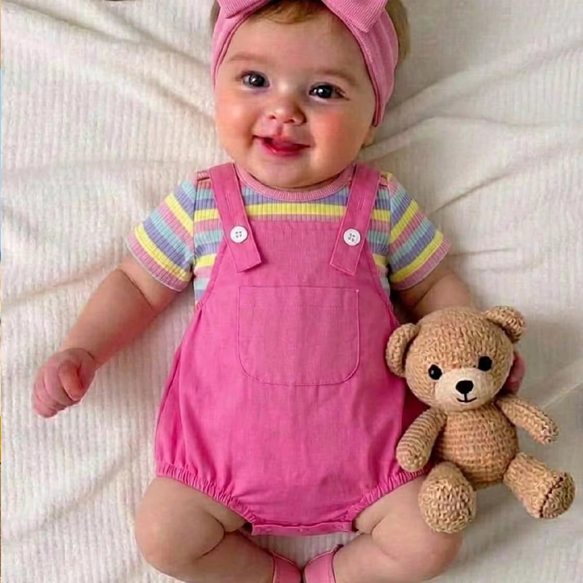 2PCS Cute Stripe Print Short Sleeve Overalls Baby Set