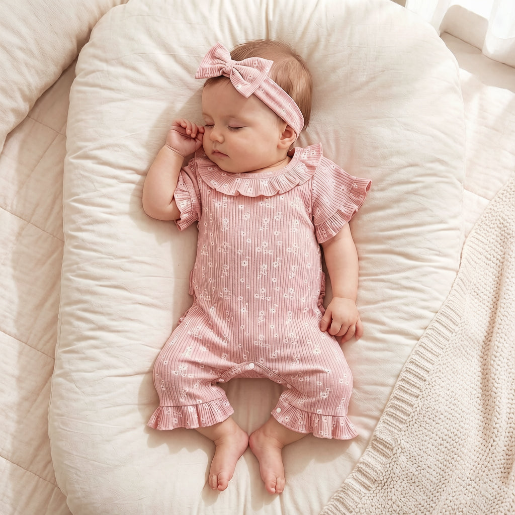 2PCS Sweet All-over Daisy Print Short Sleeve Baby Jumpsuit