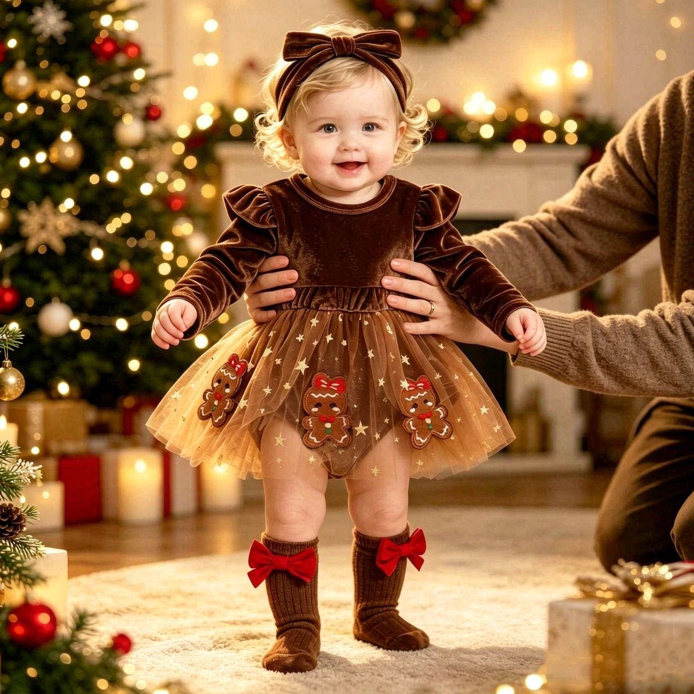 3PCS Lovely Christmas Elk Gingerbread Embroidery Velvet Baby Romper