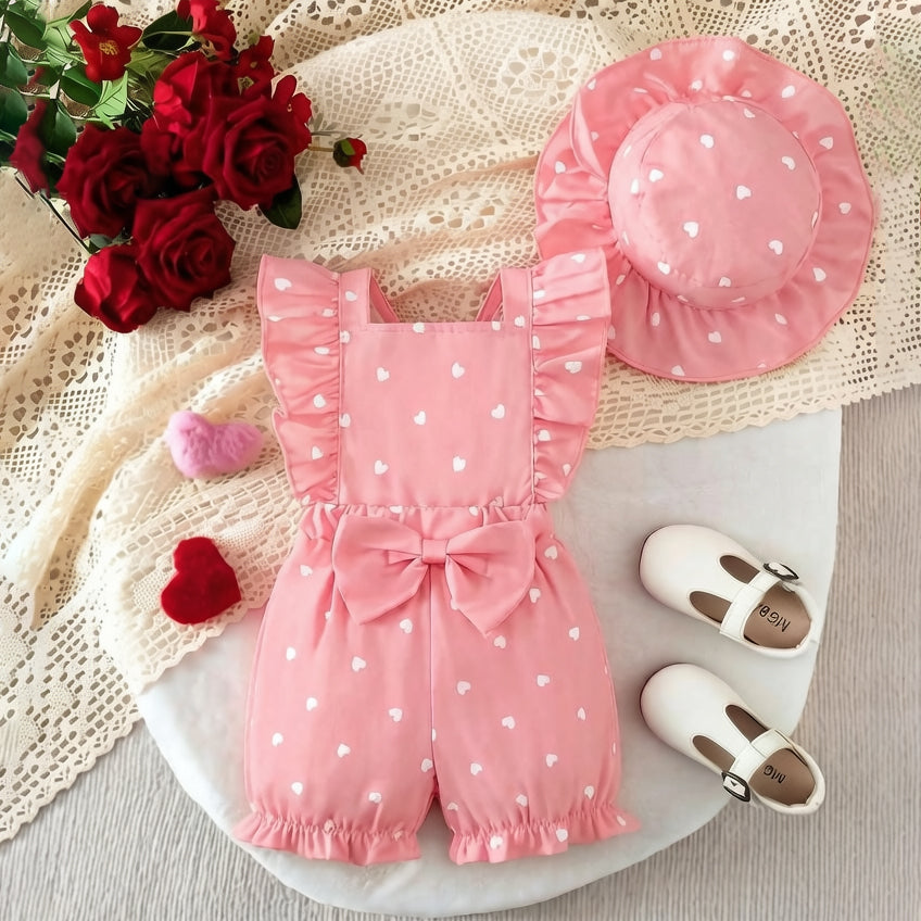 2PCS Sweet Heart Printed Flutter Sleeve Baby Jumpsuit
