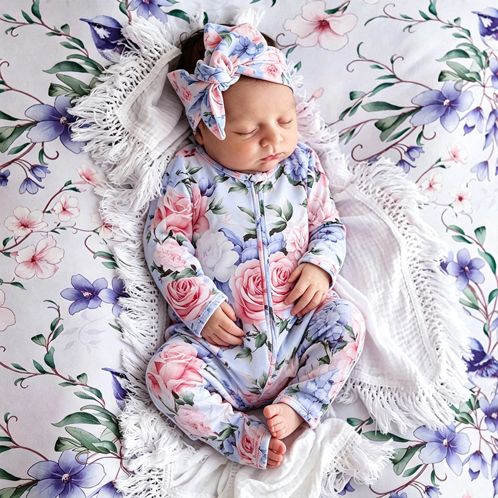 2PCS Radiant Floral Print Long Sleeve Zipper Baby Girl Jumpsuit