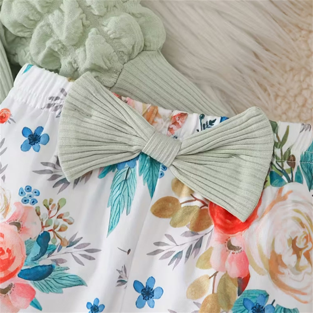3PCS Stylish Floral Print Ribbed Bubble Sleeve Baby Set