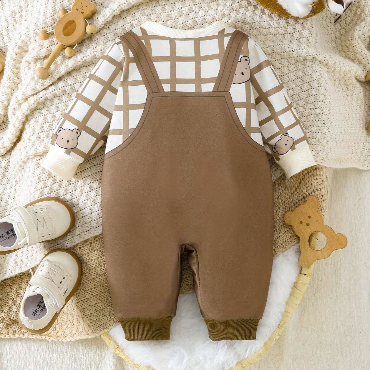 Cartoon Bear and Plaid Printed Long Sleeve Baby Jumpsuit