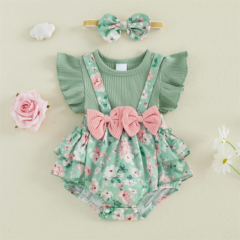 2PSC Trend Floral Printed Flounce Sleeve Baby Romper