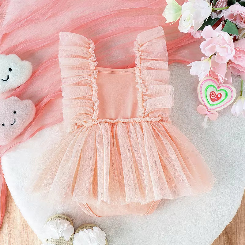 Sweet Solid Color Bow Mesh Flounce Sleeve Baby Romper