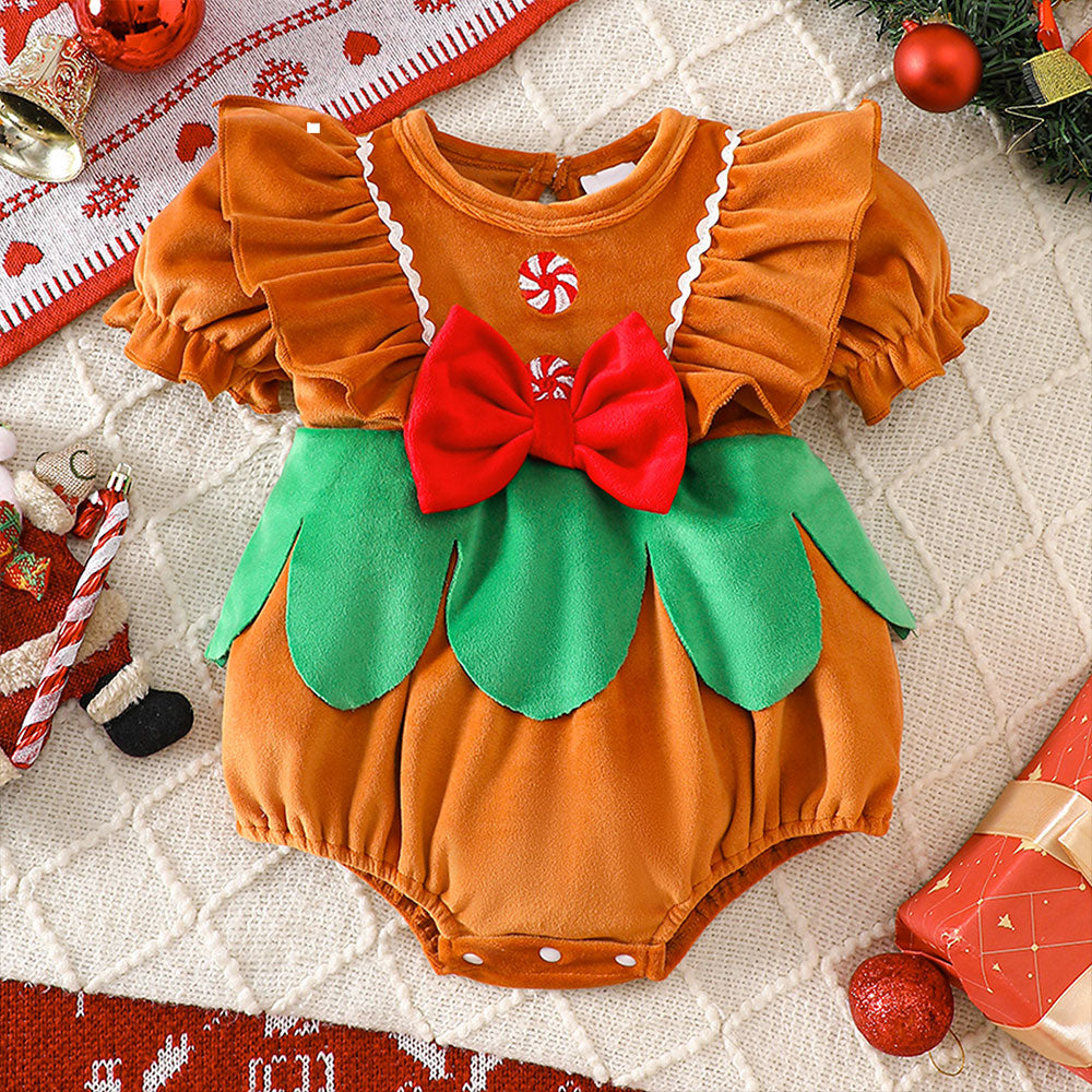 Lovely Christmas Gingerbread Decor Velvet Short Sleeve Baby Romper