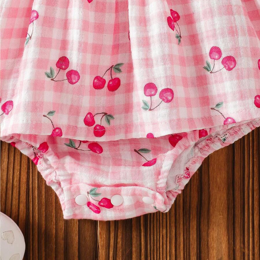 2PCS Lovely Cherry & Plaid Print Sleeveless Baby Romper