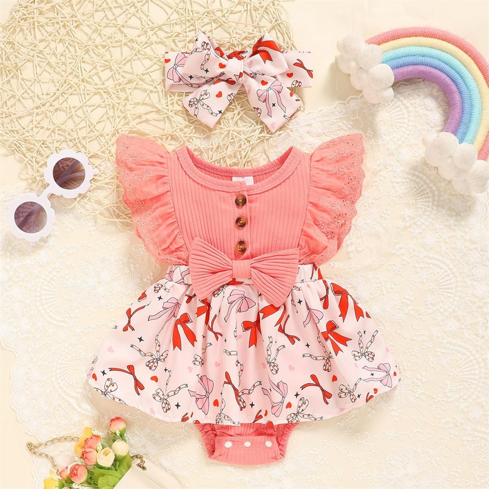 2PCS Cute Bow Printed Fly Sleeve Baby Romper