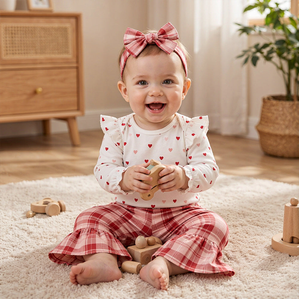 3PCS Chic Heart Plaid Print Bow Long Sleeve Baby Girl Set
