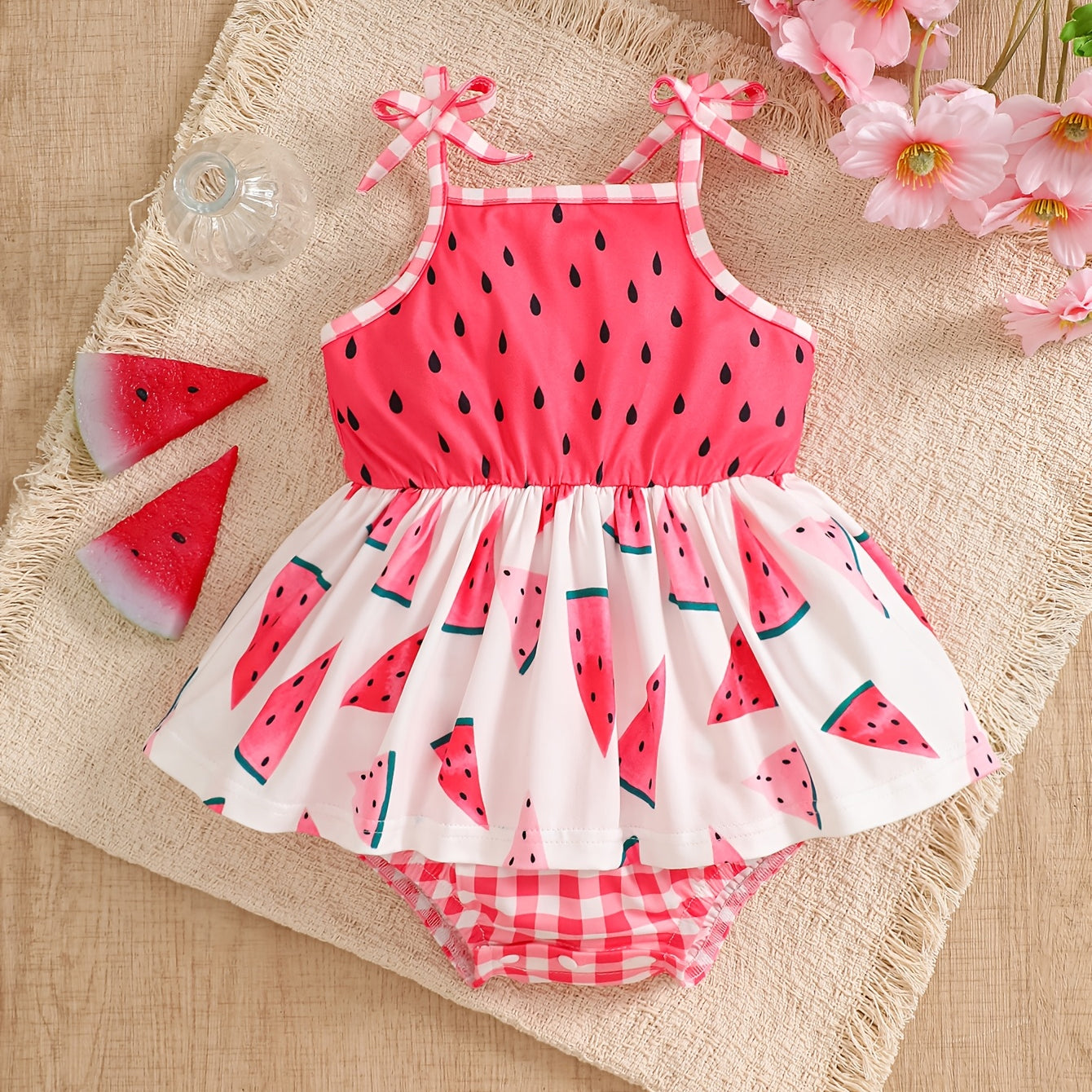 Lovely Plaid Watermelon Print Sleeveless Baby Romper
