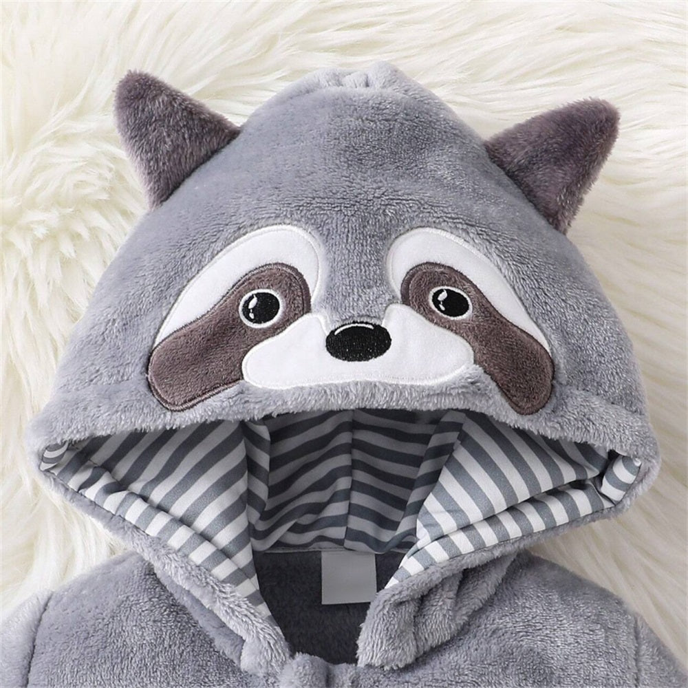 Cute Plush Raccoon Print Long Sleeve Hooded Baby Jumpsuit