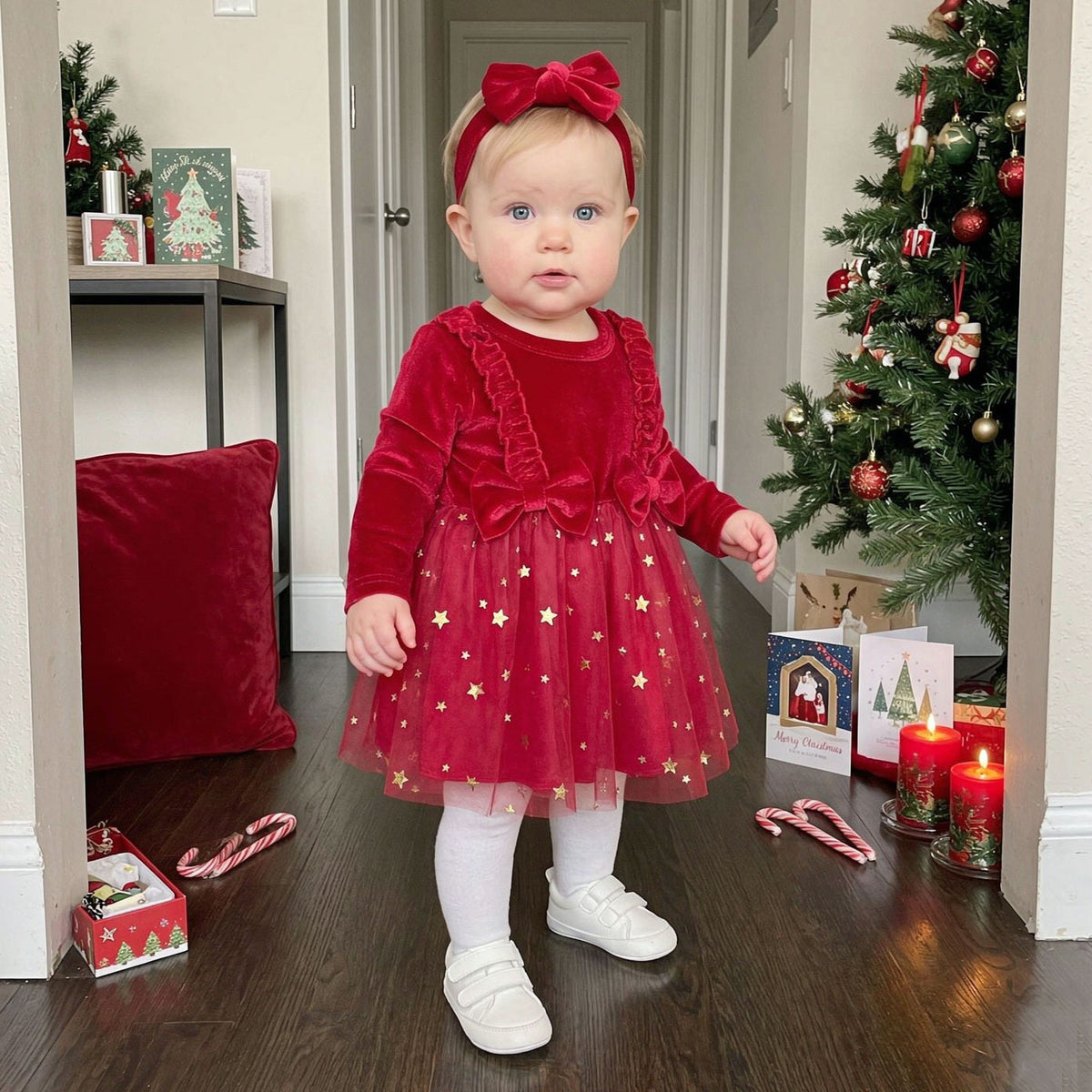 2PCS Christmas Star Printed Long Sleeve Velvet Baby Dress