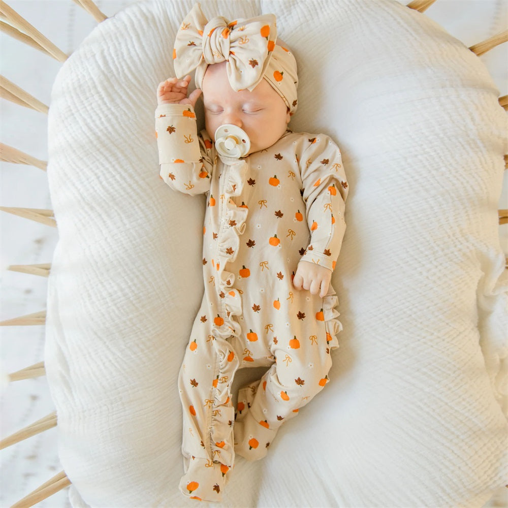 2PCS Fall-inspired Print Ruffle Long Sleeve Baby Jumpsuit