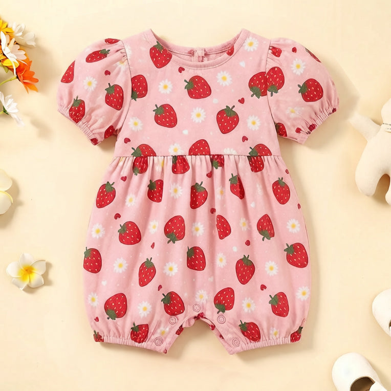 Elegant Strawberry Print Short Sleeve Baby Jumpsuit