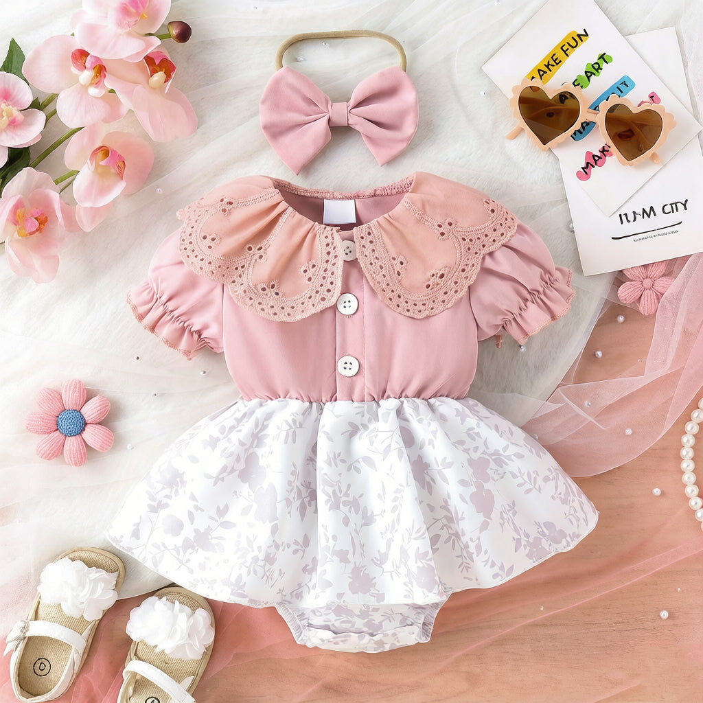 2PCS Pretty Color Blocking Floral Print Short Sleeve Baby Romper