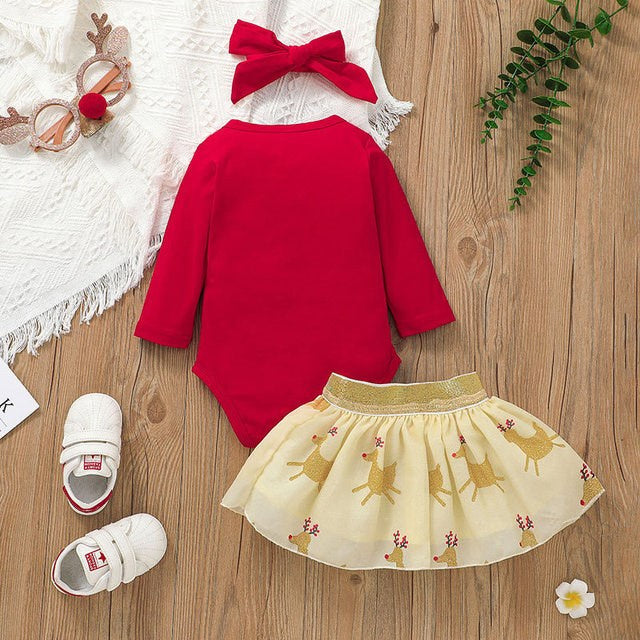 3PCS Christmas Reindeer Print Long Sleeve Baby Set
