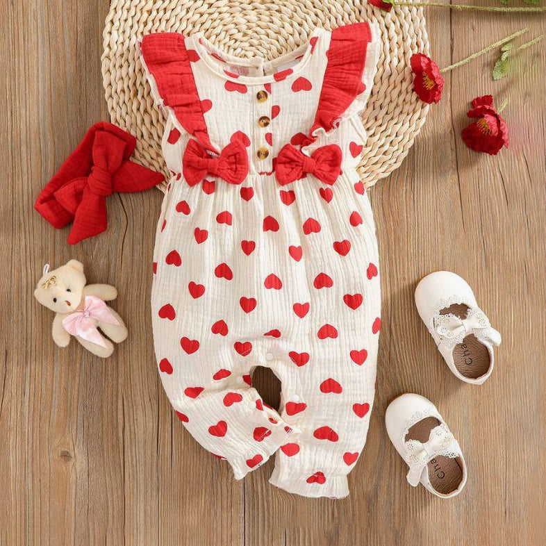 Cute Heart Print Bow Sleeveless Baby Jumpsuit