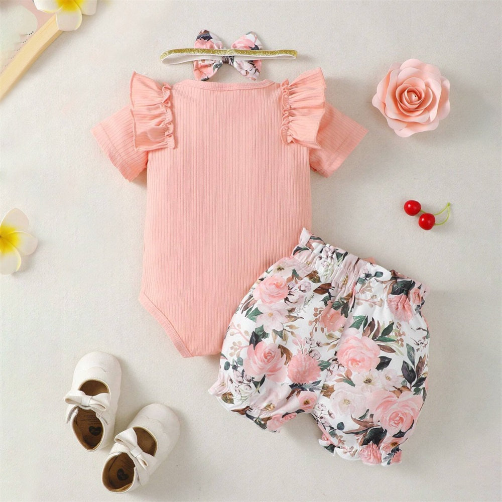 3PCS Summer Floral Printed Ruffled Short Sleeve Baby Set