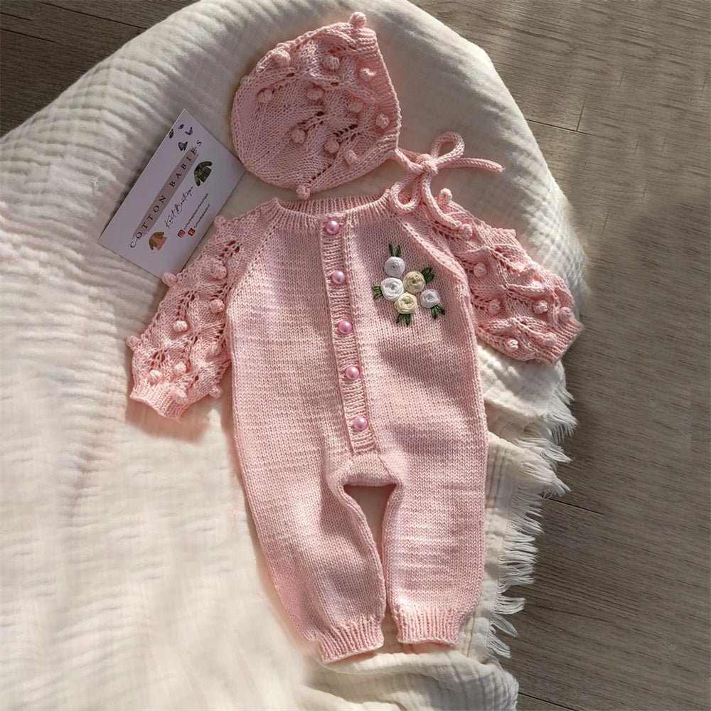 2PCS Sweet Floral Embroidery Knit Long Sleeve Baby Jumpsuit