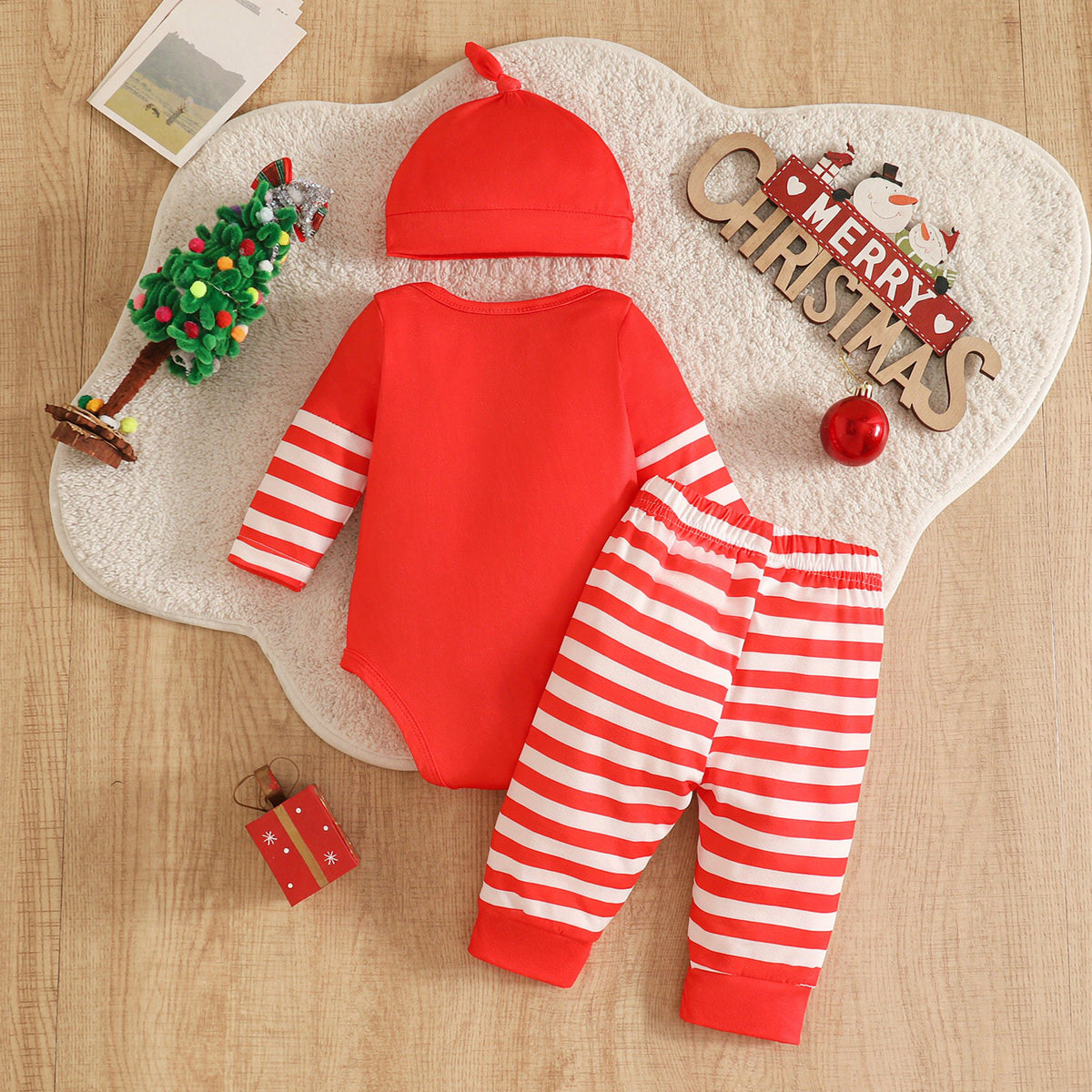 3PCS Christmas Santa and Reindeer Printed Striped Long Sleeve Baby Set