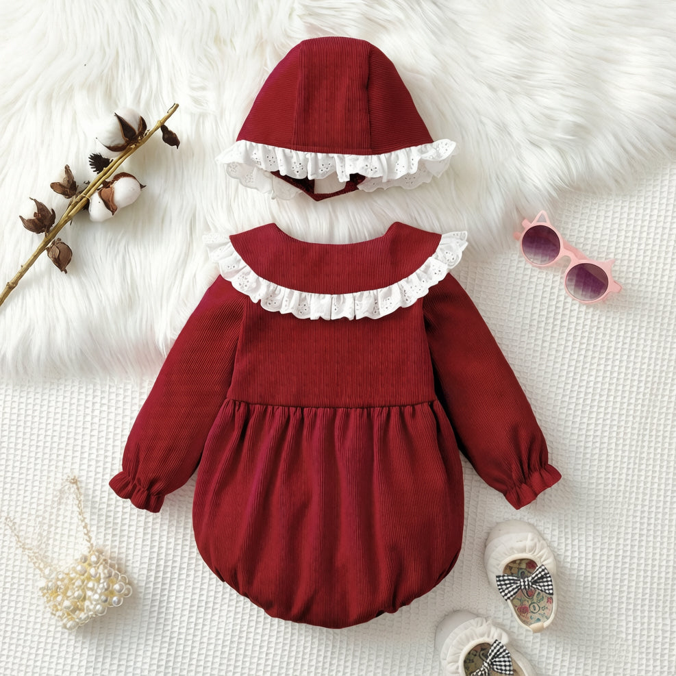 2PCS Solid Color Lace Long Sleeve Baby Romper