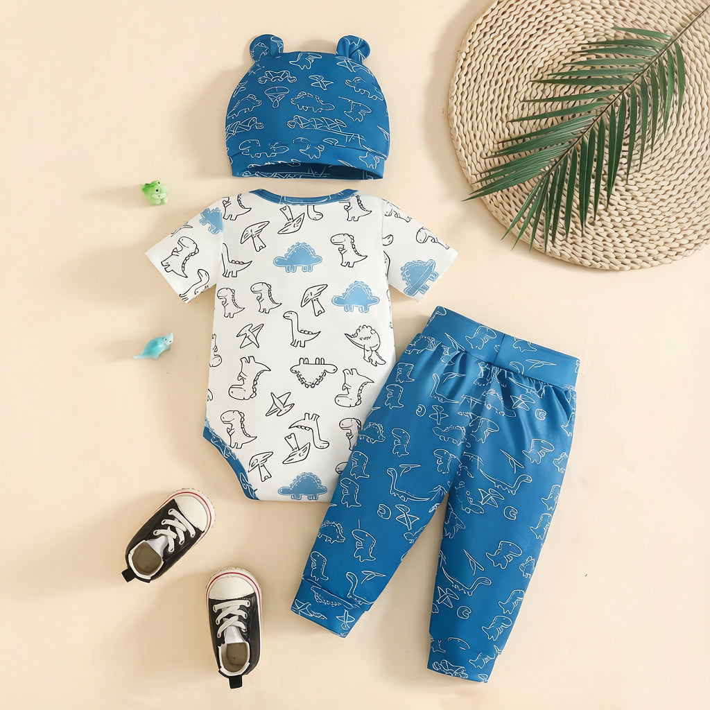 3PCS Cute Dinosaur Print Short Sleeve Baby Boy Set