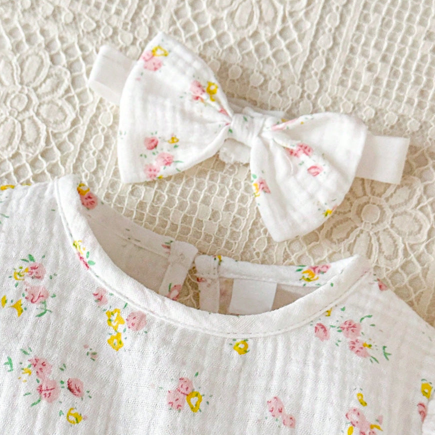 2PCS Cheerful Floral Print Long Sleeve Baby Jumpsuit