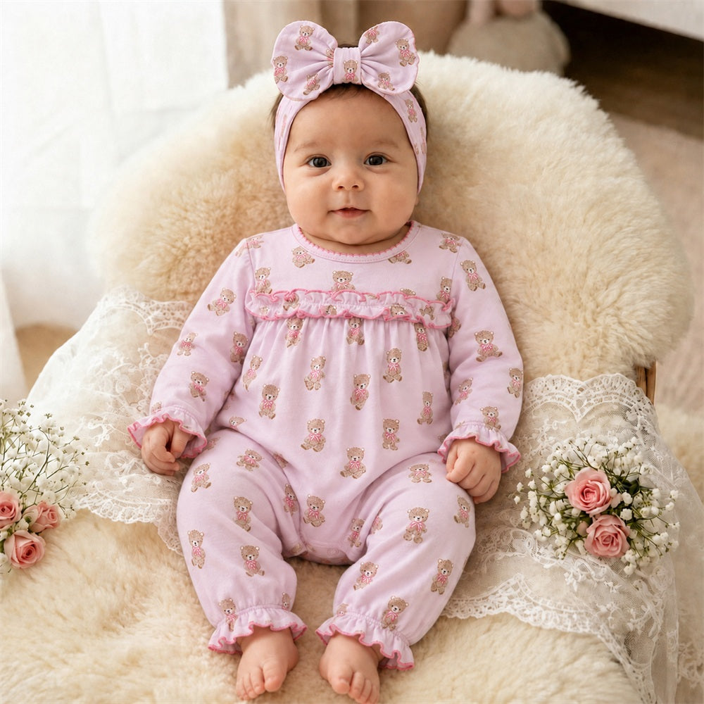 2PCS Cute Teddy Bear Printed Long Sleeve Baby Girl Jumpsuit